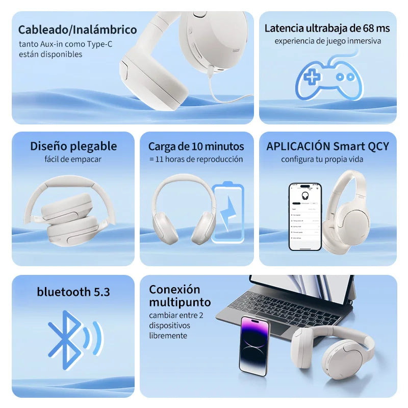 Audífonos QCY H3 Lite Bluetooth 5.3 con Cancelación de Ruido Activa (ANC) | Diadema HiFi 40mm, 60H Batería